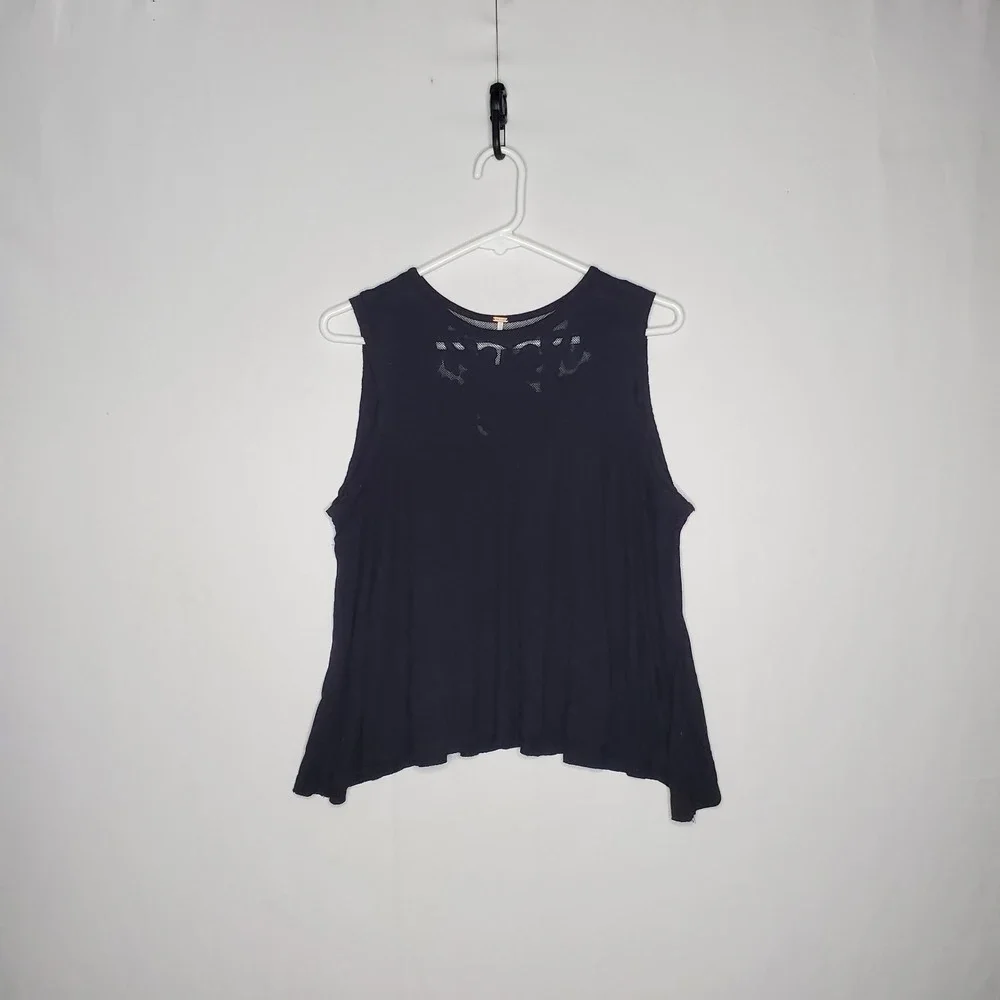 Free People Lace Yoke Swing Tank Top Women XS Black Oversized Boho Romantic 00s